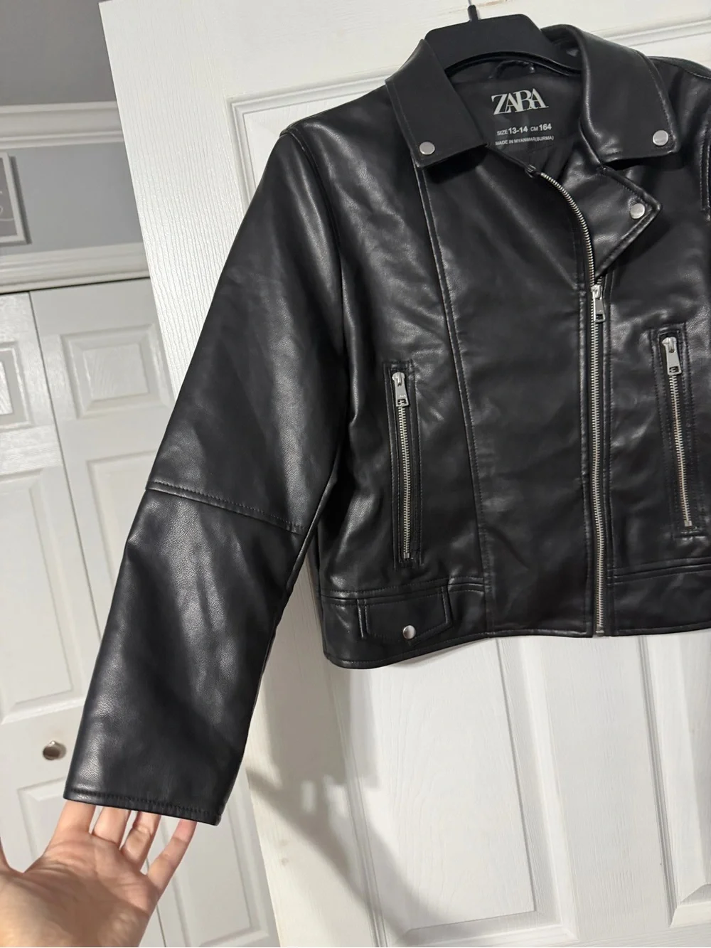 Zara Girls/Womens 13/14 Black Leather Biker Jacket with Zip Pockets